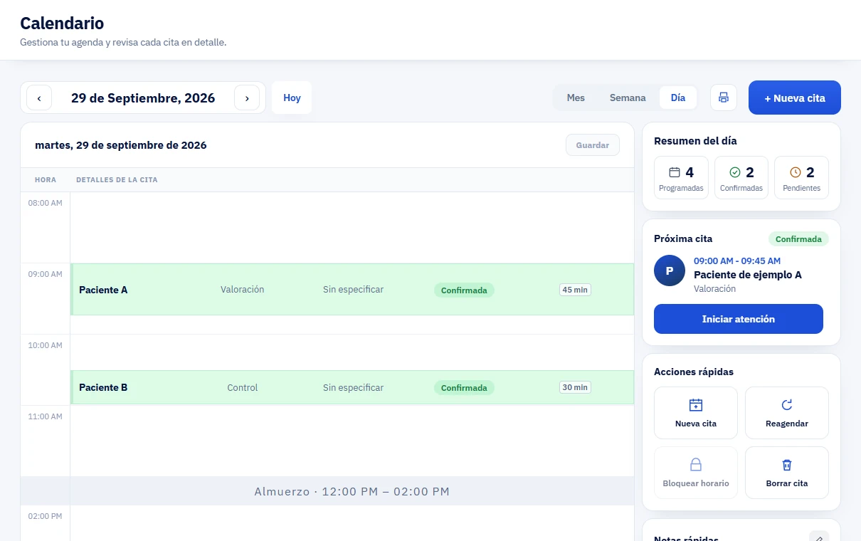 Vista diaria real del calendario de Oscirix Health con horarios, citas de ejemplo, estados y resumen del día.