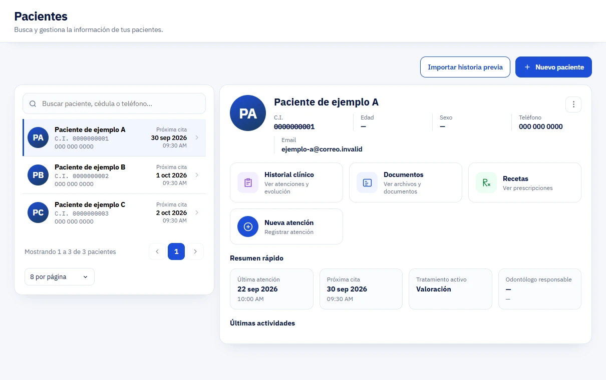 Vista real de pacientes de Oscirix Health con una lista de registros de ejemplo y una ficha con historial, documentos y próxima cita.
